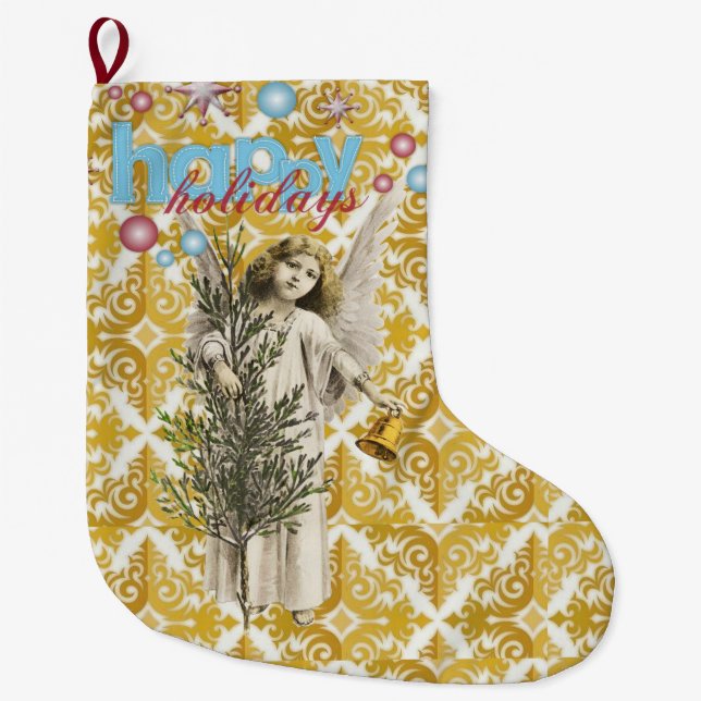 Calcetín Navideño Grande Navidades de pie, Navidades Angel Happy Holidays (Anverso)