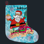 Calcetín Navideño Grande Navidades de pie, Santa Beach Bum<br><div class="desc">Navidades Almorzando Esta reserva de Navidades a medida es atractiva para los pequeños regalos de Santa. Algo para todos,  Maria lurdis afonso,  https://www.zazzle.com/succeedinbeautybarb</div>