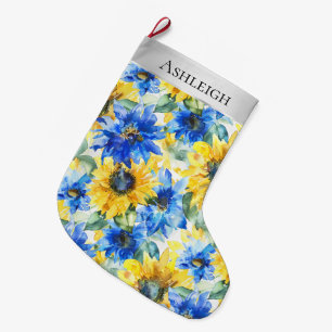 Calcetín Navideño Grande Navidades de plata flores amarillas azules