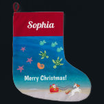 Calcetín Navideño Grande Navidades de playa de Santa Unicorn<br><div class="desc">Navidades íntimos cargando para niñas pequeñas con un tema de playa tropical, con una foto de aguas azules y arena, y varias criaturas oceánicas/marinas: peces, estrellas del mar, tortugas y un nautilus, junto con Santa en el trineo tirado por un unicornio. Incluye el saludo "Feliz Navidad" y el nombre de...</div>