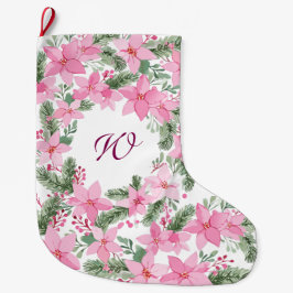 Calcetín Navideño Grande Navidades de Poinsettia Rosa Monograma inicial