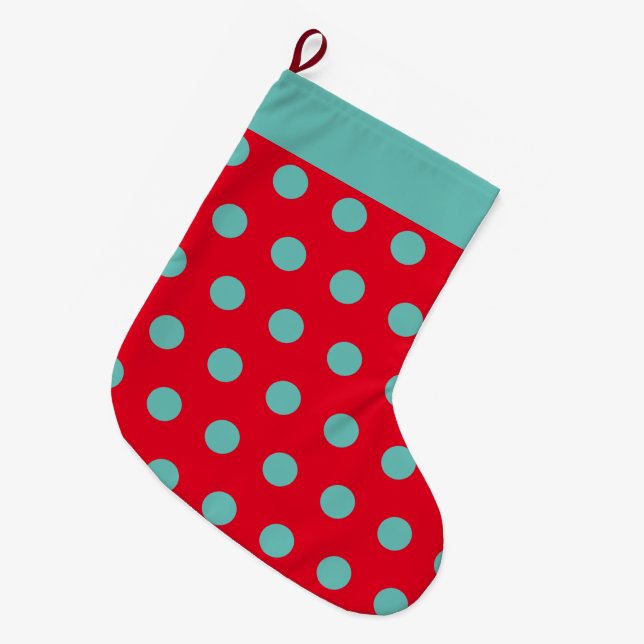 Calcetín Navideño Grande Navidades de Punto Polka (Rojo y Aqua) (Frente (Colgado))