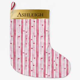 Calcetín Navideño Grande Navidades de rayas de corazón blanco rosado Glam G