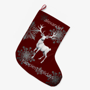 Calcetín Navideño Grande Navidades de renos de marfil   Rojo personalizado