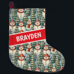 Calcetín Navideño Grande Navidades de Snowman de color acuático personaliza<br><div class="desc">Acuarela acogedora snowmen con cálidas bufandas rojas y gorras de cuchillos calientes y un bonito verde,  rojo y azul de pinar fondo Navidad personalizado de caldo.</div>