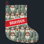 Calcetín Navideño Grande Navidades de Snowman de color acuático personaliza<br><div class="desc">Acuarela acogedora snowmen con cálidas bufandas rojas y gorras de cuchillos calientes y un bonito verde,  rojo y azul de pinar fondo Navidad personalizado de caldo.</div>