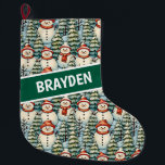 Calcetín Navideño Grande Navidades de Snowman de color acuático personaliza<br><div class="desc">Acuarela acogedora snowmen con cálidas bufandas rojas y gorras de cuchillos calientes y un bonito verde,  rojo y azul de pinar fondo Navidad personalizado de caldo.</div>