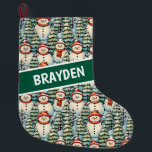 Calcetín Navideño Grande Navidades de Snowman de color acuático personaliza<br><div class="desc">Acuarela acogedora snowmen con cálidas bufandas rojas y gorras de cuchillos calientes y un bonito verde,  rojo y azul de pinar fondo Navidad personalizado de caldo.</div>
