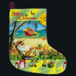 Calcetín Navideño Grande Navidades de vacaciones, Summer Beach Santa<br><div class="desc">Navidades Almorzando Esta reserva de Navidades a medida es atractiva para los pequeños regalos de Santa. Algo para todos,  Maria lurdis afonso,  https://www.zazzle.com/succeedinbeautybarb</div>