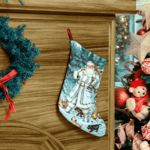 Calcetín Navideño Grande Navidades de Vintage Aqua Blue Santa Claus se leva