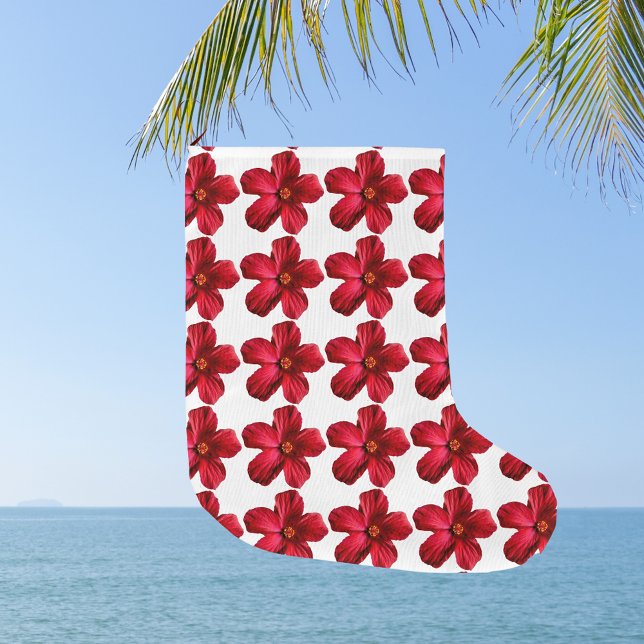 Calcetín Navideño Grande Navidades del Patrón de Flores Rojas Hibiscus (Red Hibiscus Flower Pattern Christmas Stocking)