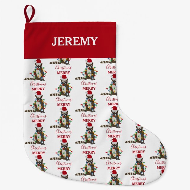 Calcetín Navideño Grande Navidades divertidos Raccoon Santa Hat Xmas Luces (Anverso)