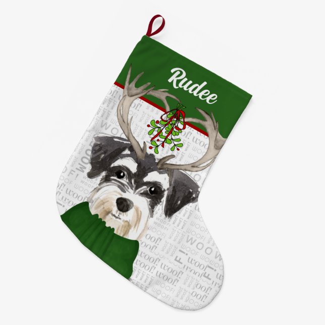 Calcetín Navideño Grande Navidades en miniatura Schnauzer con nombre de per (Frente (Colgado))