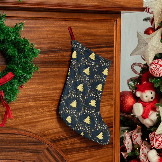 Calcetín Navideño Grande Navidades Estrellas de Oro, Árbol. Baubles Lined B (Christmas Gold Stars, Tree. Baubles Lined Blue Large Christmas Stocking)