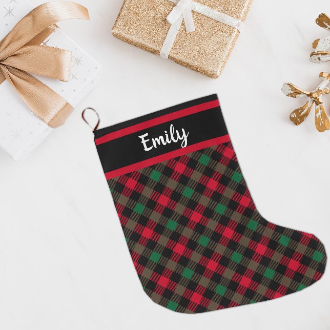 Calcetín Navideño Grande Navidades Farmhouse Personalizado Tartán Plaid (Subido por el creador)