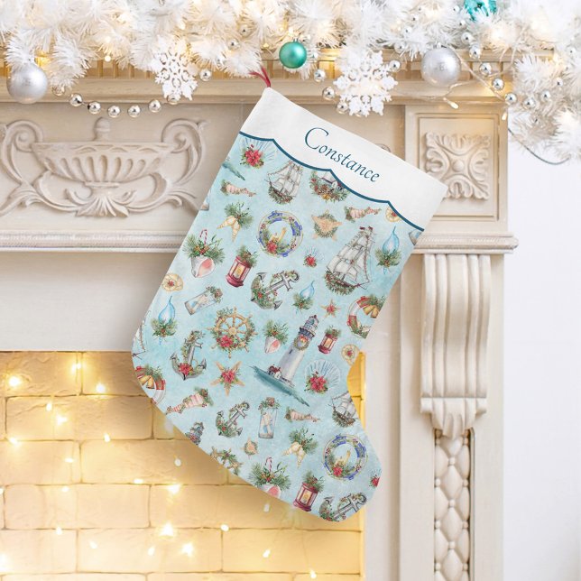 Calcetín Navideño Grande Navidades Faros Náuticos Buques Añadir tu nombre (Subido por el creador)