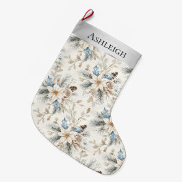 Calcetín Navideño Grande Navidades florales azules de color crema plateada