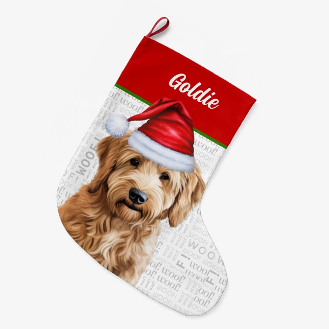 Calcetín Navideño Grande Navidades Goldendoodle con nombre de perro (Frente (Colgado))