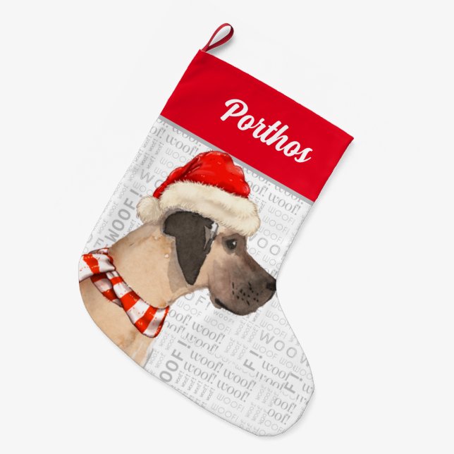 Calcetín Navideño Grande Navidades Gran danés con nombre de perro (Frente (Colgado))