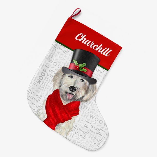 Calcetín Navideño Grande Navidades Labradoodle amarillo con nombre de perro (Frente (Colgado))