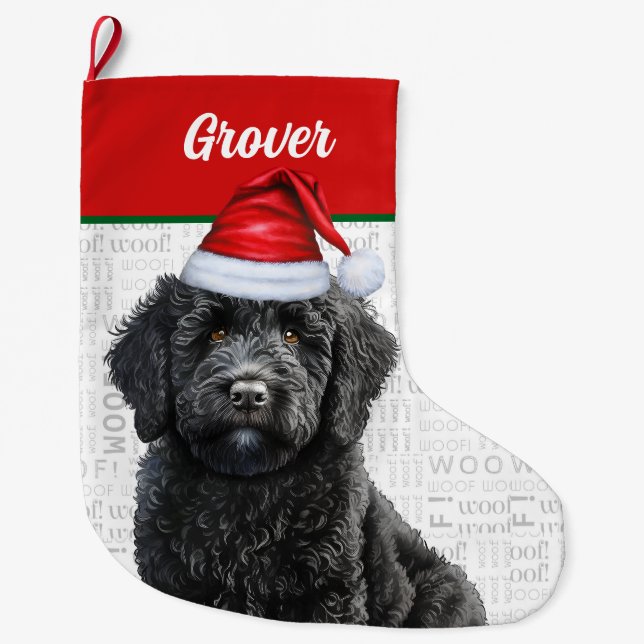 Calcetín Navideño Grande Navidades Labradoodle con el nombre Woof Backgroun (Anverso)