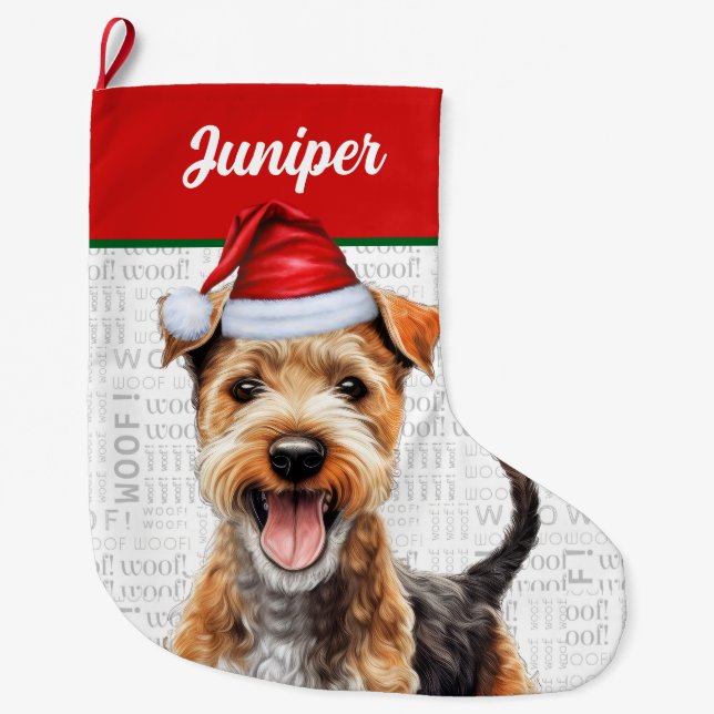 Calcetín Navideño Grande Navidades Lakeland Terrier Name Woof Background (Anverso)