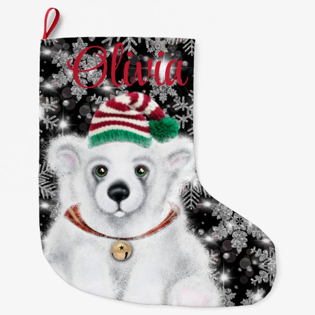 Calcetín Navideño Grande Navidades lindo oso polar cachorro, cachorro de os (Anverso)
