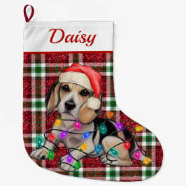 Calcetín Navideño Grande Navidades Luces Beagle Sparkly Plaid Tartán