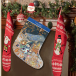 Calcetín Navideño Grande Navidades mágicos Snowman y amigos<br><div class="desc">Winter Magic hecho a mano con animales de bosque y amigos Navidades Stocking. Este diseño caprichoso traerá algo de magia, colgándolo sobre la chimenea. Todo el texto es personalizable. Tiene varios personajes: una niña, un bebé, un muñeco de nieve, zorro, ciervo, pájaros, cuervos, ardillas y ratones. El fondo está construido...</div>