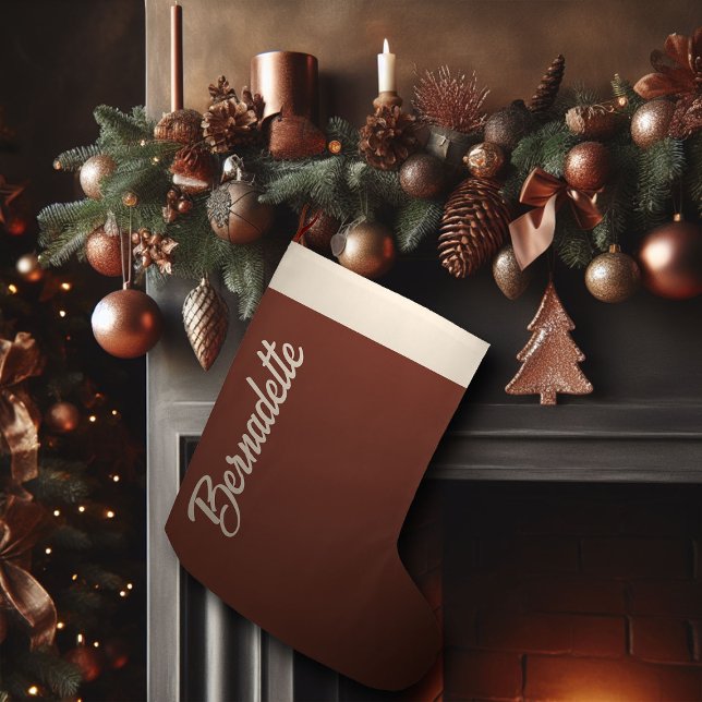 Calcetín Navideño Grande Navidades marrones Personalizado de caligrafía de  (brown christmas stocking personalized copper name calligraphy)