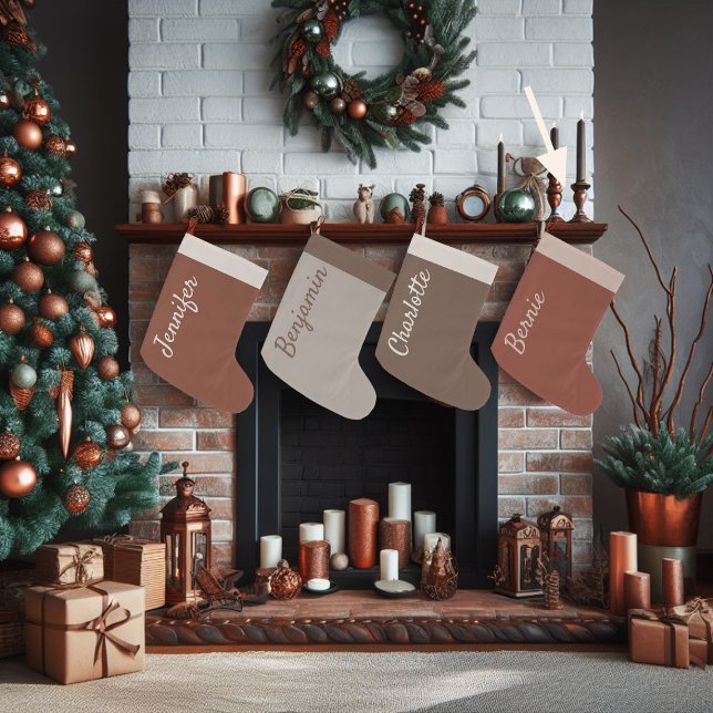 Calcetín Navideño Grande Navidades marrones Personalizado de caligrafía ter (brown christmas stocking personalized terracotta name calligraphy)