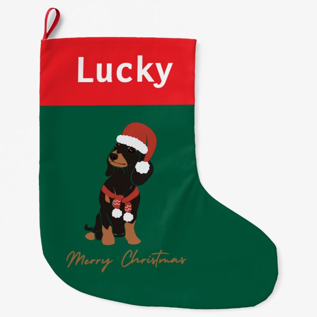 Calcetín Navideño Grande Navidades mascotas de Dachshund personalizados (Anverso)