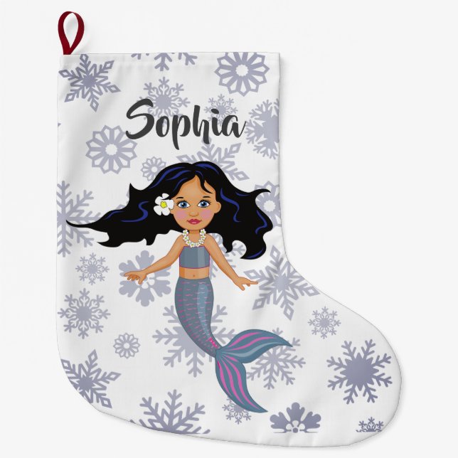 Calcetín Navideño Grande Navidades Mermaid Cute Nombre Plata Blanco (Anverso)