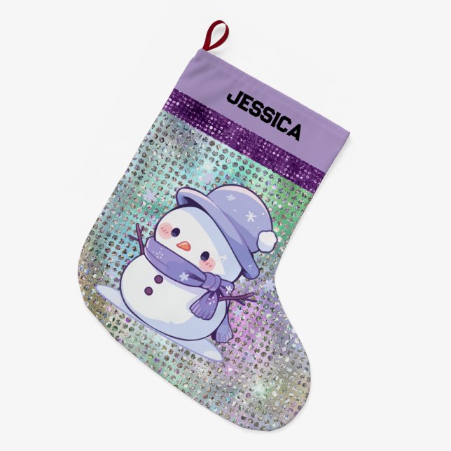 Calcetín Navideño Grande Navidades modernos Snowman Pastel Purple (Frente (Colgado))
