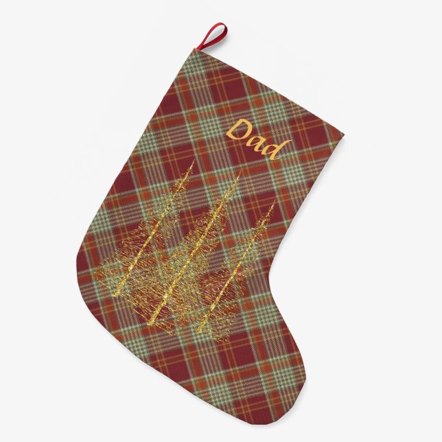 Calcetín Navideño Grande Navidades Monograma Red Plaid Gold Trecking Stocki (Frente (Colgado))