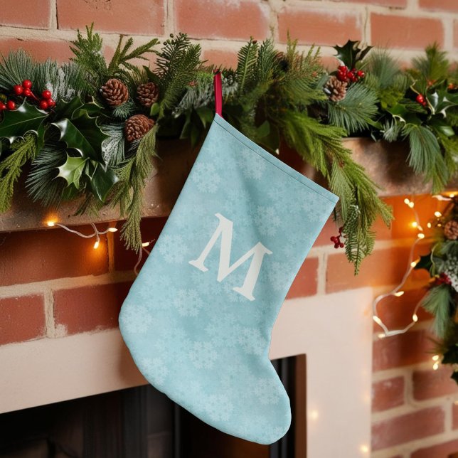 Calcetín Navideño Grande Navidades Monogramados verde azulados con copos de (Add your initial to this teal snowflake Christmas Stocking)