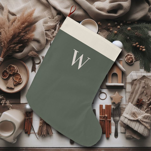 Calcetín Navideño Grande Navidades neutrales Monograma Verde Moss Farmhouse (farmhouse christmas stocking personalized moss green monogram)