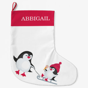 Calcetín Navideño Grande Navidades pequeños pingüinos que duermen nombre de