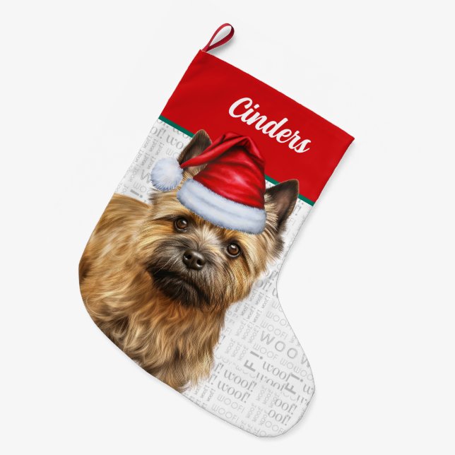 Calcetín Navideño Grande Navidades Perro de Cairn con nombre Woof fondo (Frente (Colgado))