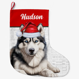Calcetín Navideño Grande Navidades Perro Husky con el nombre Woof Backgroun