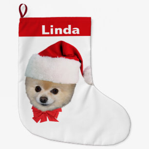 Calcetín Navideño Grande Navidades, Perro Pomerania, Santa Hat, Nombre
