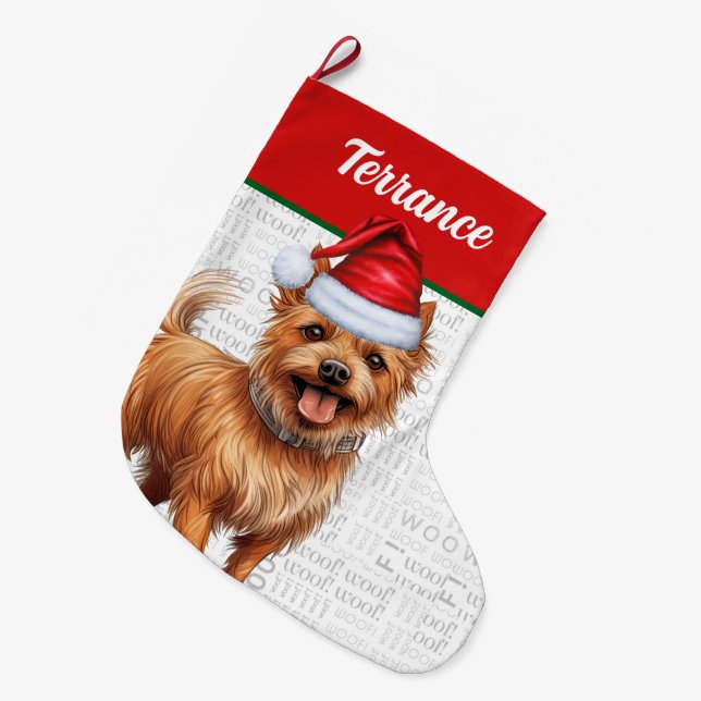 Calcetín Navideño Grande Navidades Perro Terrier Australiano Nombre Woof (Frente (Colgado))