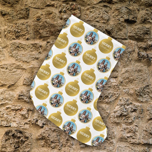 Calcetín Navideño Grande Navidades personalizado Elegant Gold Photo Ornamen (Custom Elegant Gold Photo Ornaments Christmas Large Christmas Stocking)