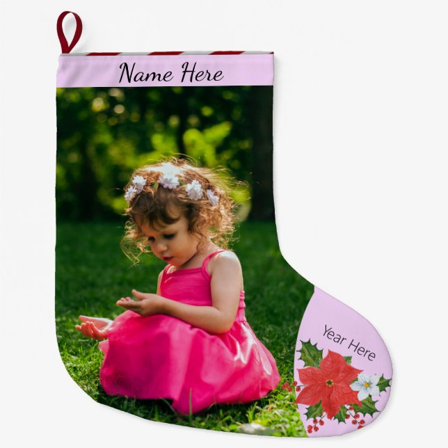 Calcetín Navideño Grande Navidades Personalizado Pic/Text Poinsettia Floral (Anverso)