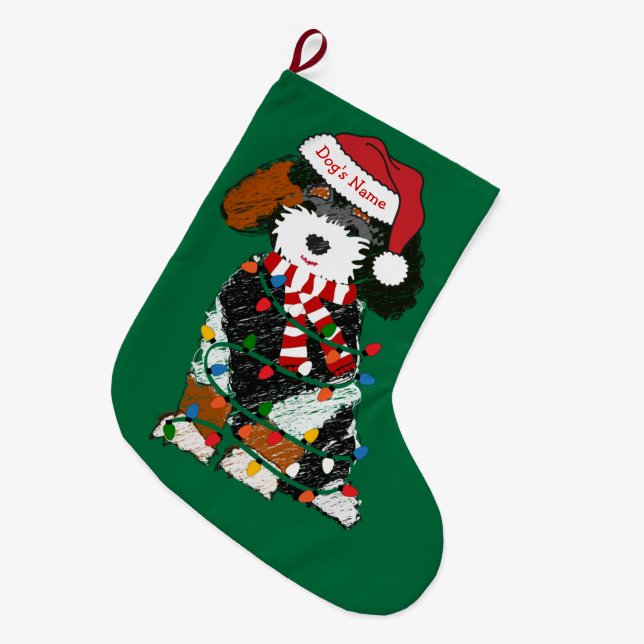 Calcetín Navideño Grande Navidades personalizados Bernedoodle Holiday Dog (Frente (Colgado))