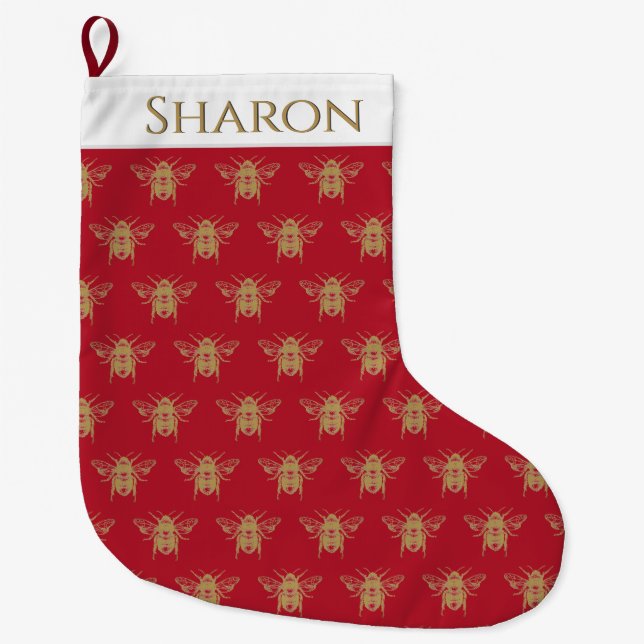 Calcetín Navideño Grande Navidades personalizados con una abeja de oro (Anverso)