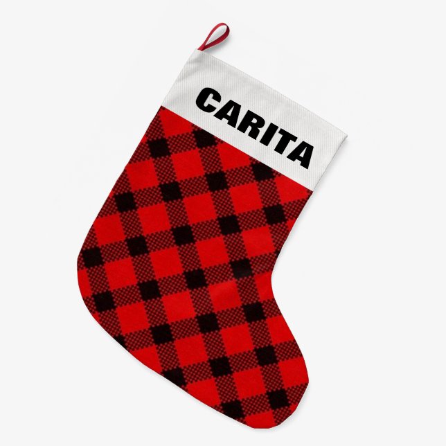 Calcetín Navideño Grande Navidades personalizados de Red Plaid se levantan (Frente (Colgado))