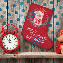Calcetín Navideño Grande Navidades Pig Cute Piglet Bow Wreath Polka Dots