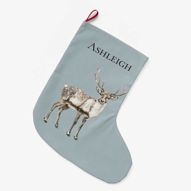 Calcetín Navideño Grande Navidades Pine Green Rustic Deer Name (Frente (Colgado))