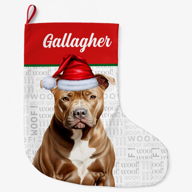 Calcetín Navideño Grande Navidades Pit Bull Terrier Nombre Woof Background (Anverso)